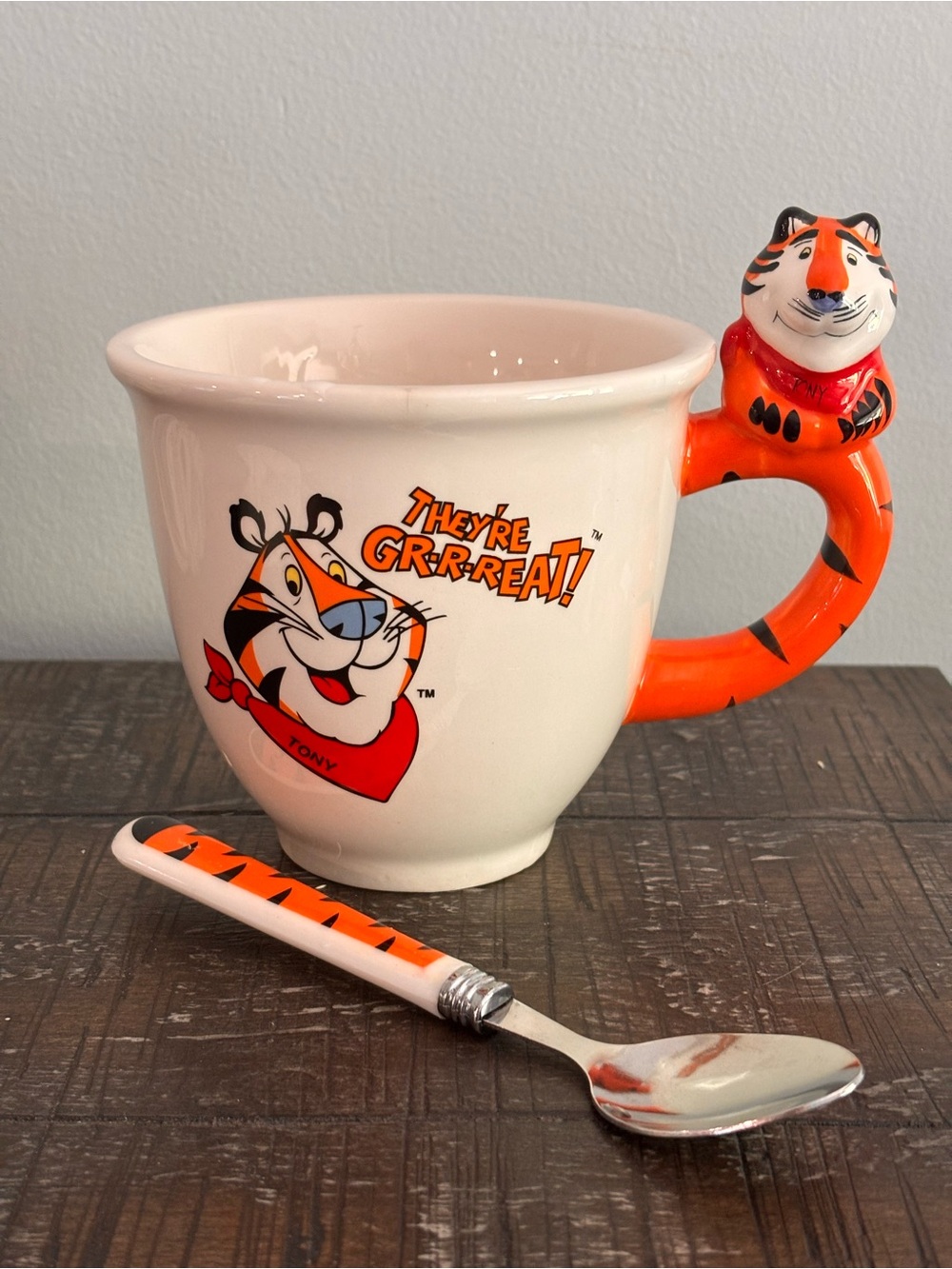Kellogg Tony the Tiger Mug & Spoon Set, Cereal Theme, White/Orange, 2001 vintage